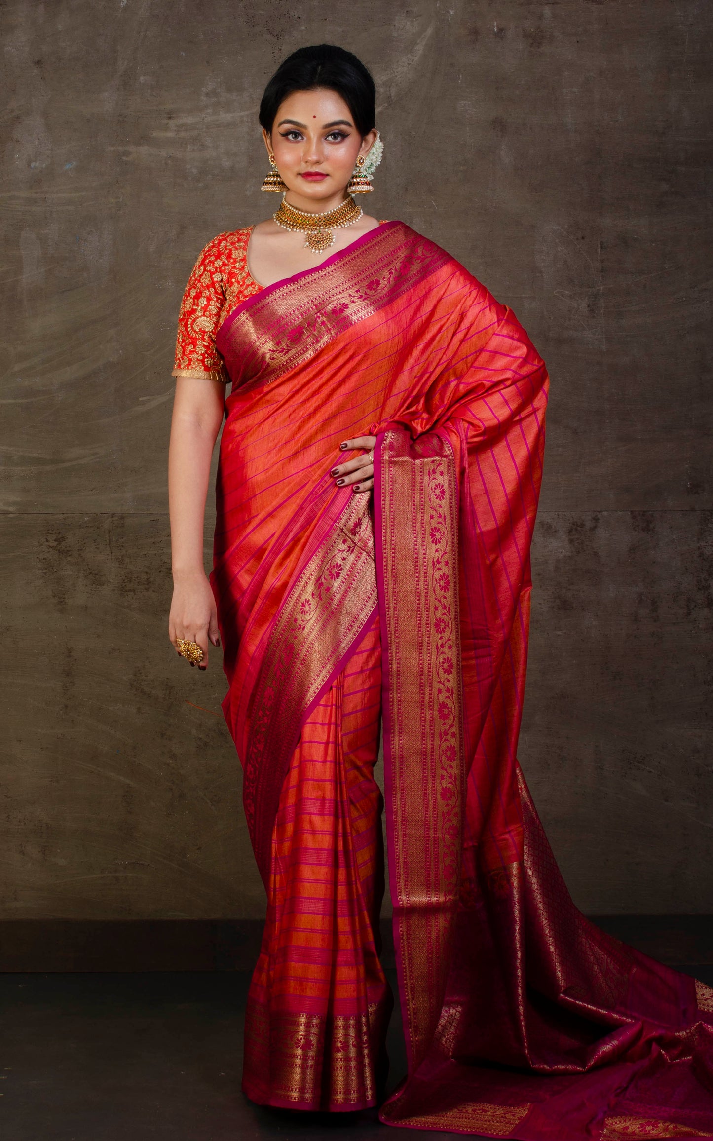 Woven Koniya Nakshi Motif Work Tussar Banarasi Saree in Coral Orange, Magenta and Antique Gold Zari