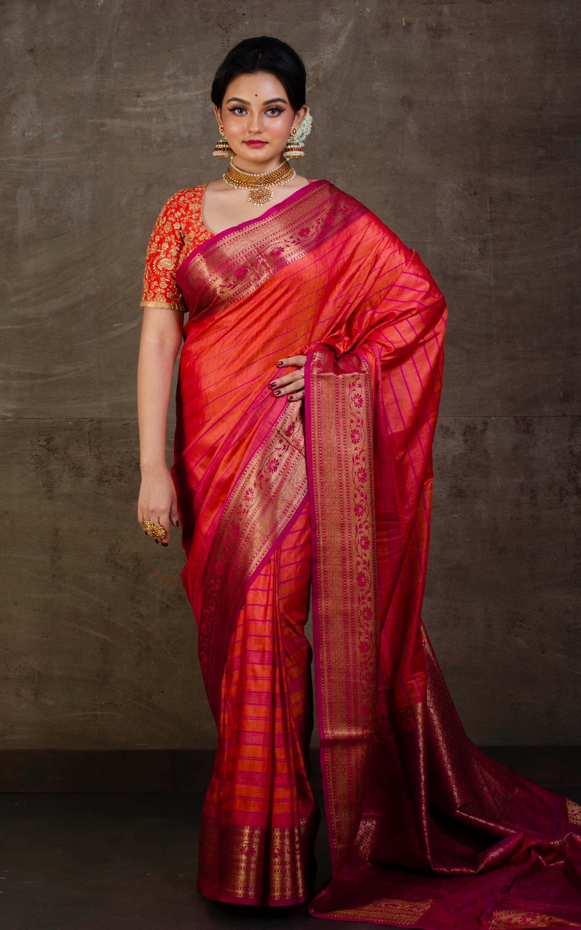 Woven Koniya Nakshi Motif Work Tussar Banarasi Saree in Coral Orange, Magenta and Antique Gold Zari