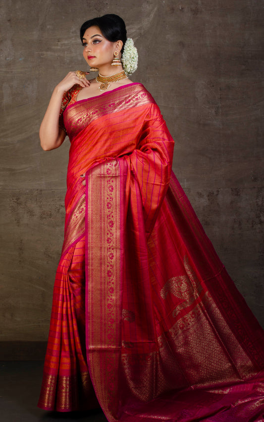 Woven Koniya Nakshi Motif Work Tussar Banarasi Saree in Coral Orange, Magenta and Antique Gold Zari