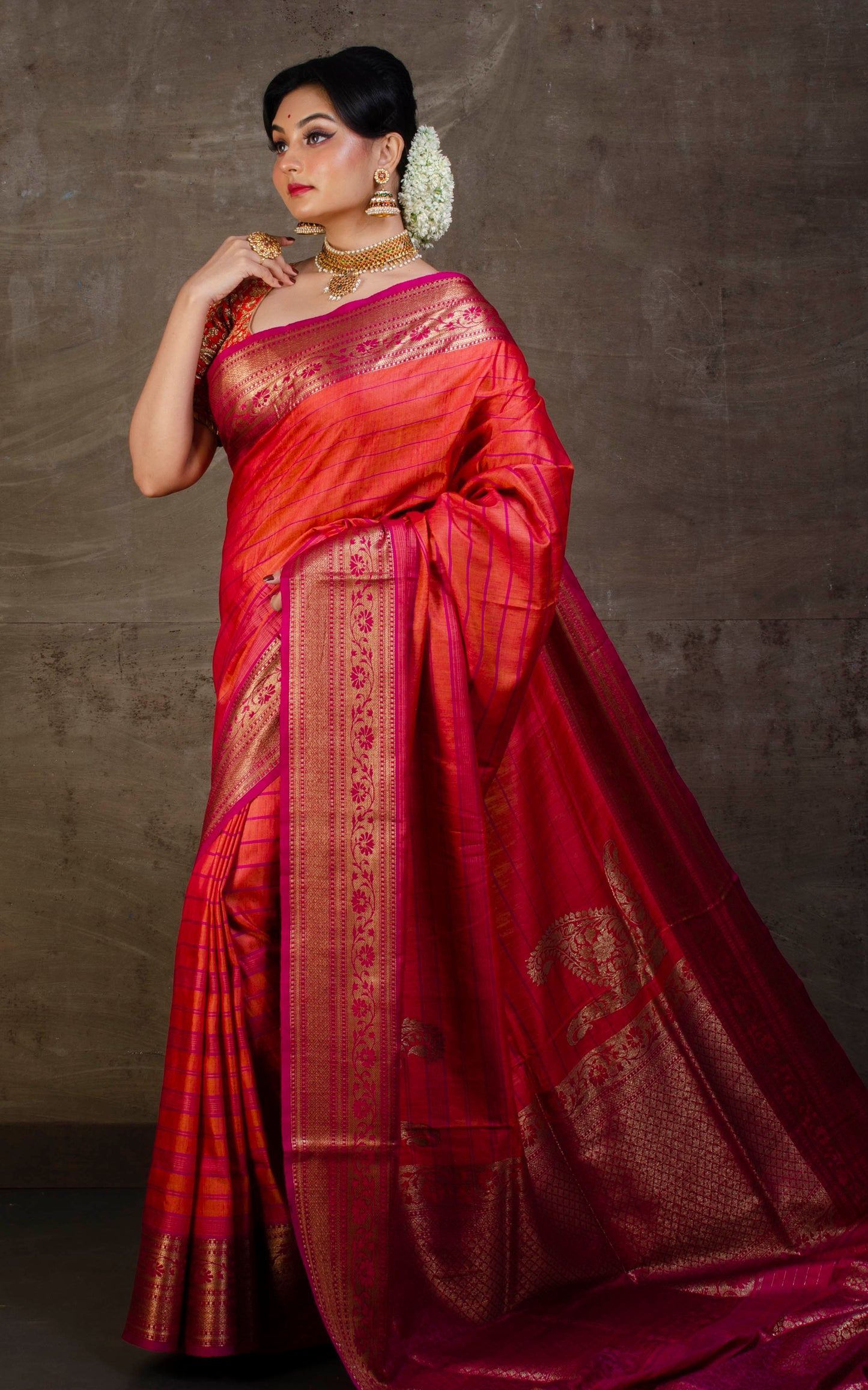 Woven Koniya Nakshi Motif Work Tussar Banarasi Saree in Coral Orange, Magenta and Antique Gold Zari