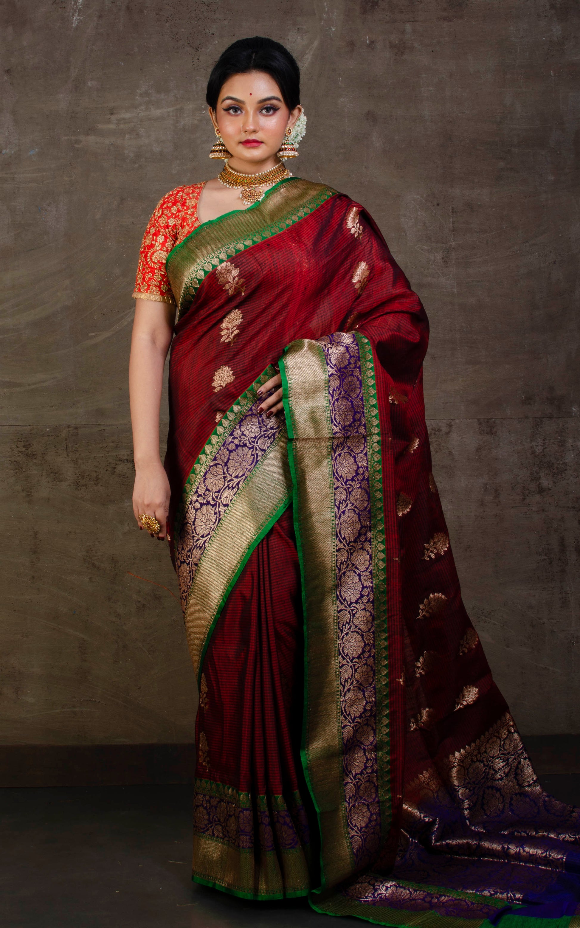 Meenakari Border Dupion Tussar Banarasi Saree in Rosewood, Dark Blue and Green