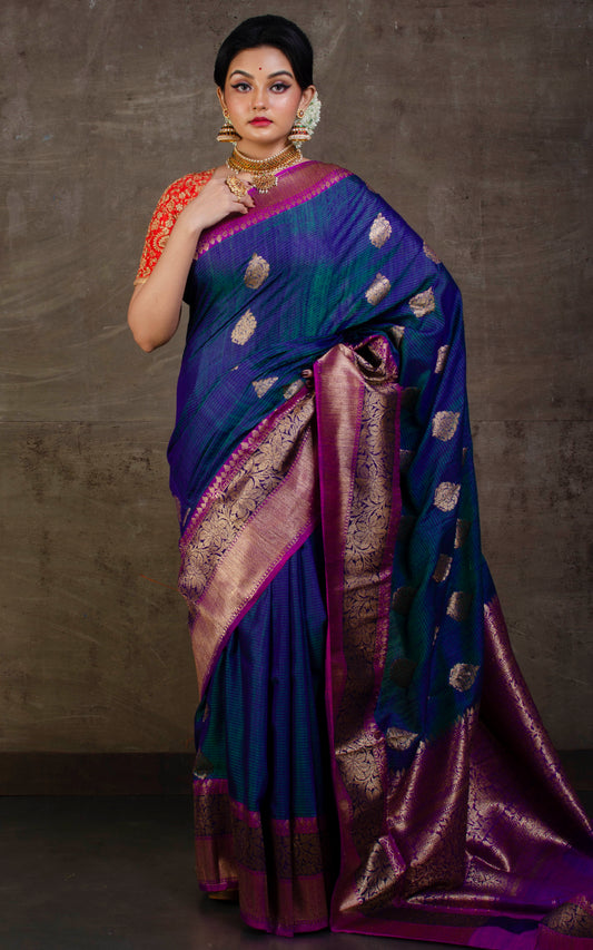 Meenakari Border Dupion Tussar Banarasi Saree in Indigo Blue, Purple and Navy Blue