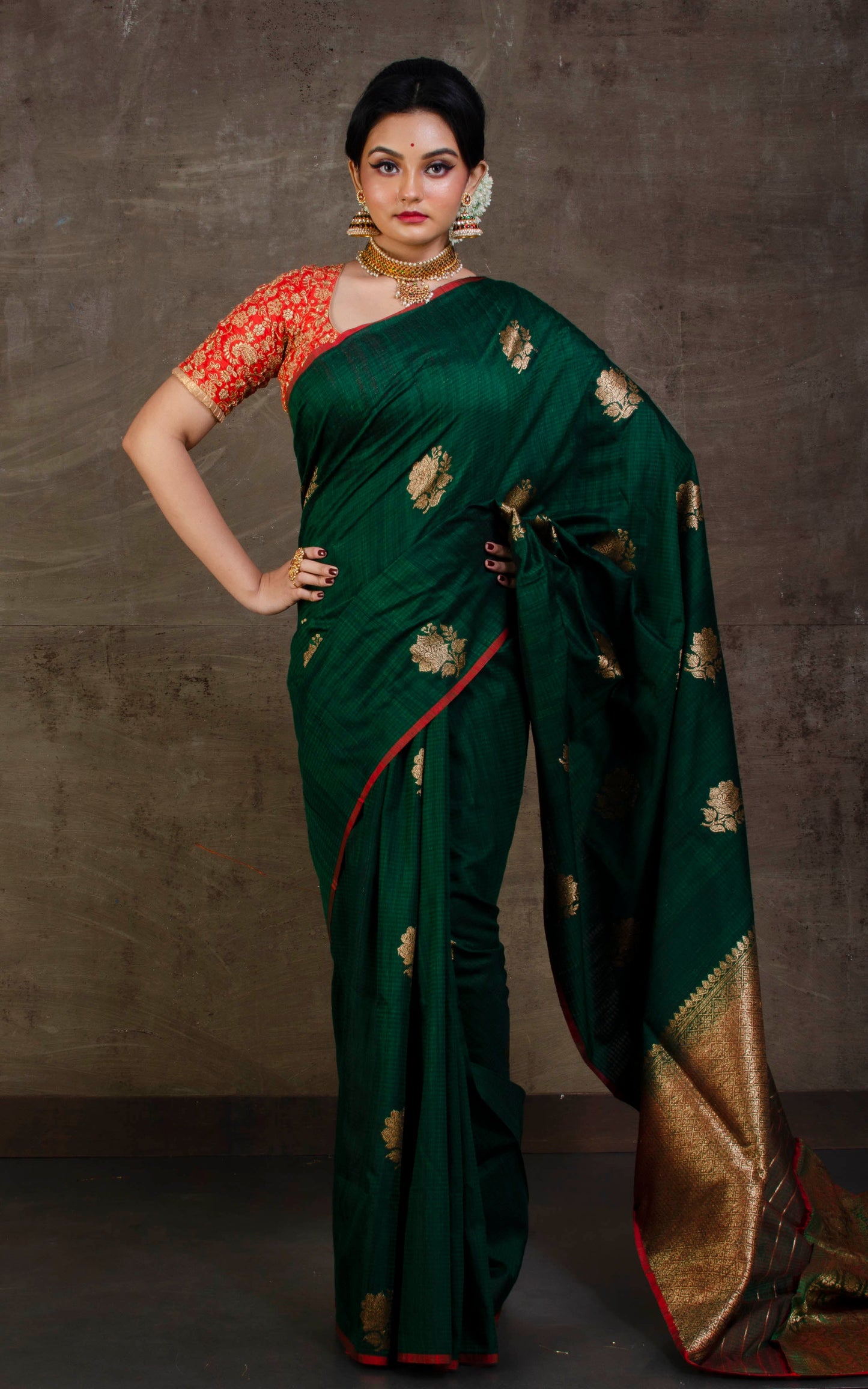 Tussar Banarasi Designer Poth Saree in John Lewis Green and Red