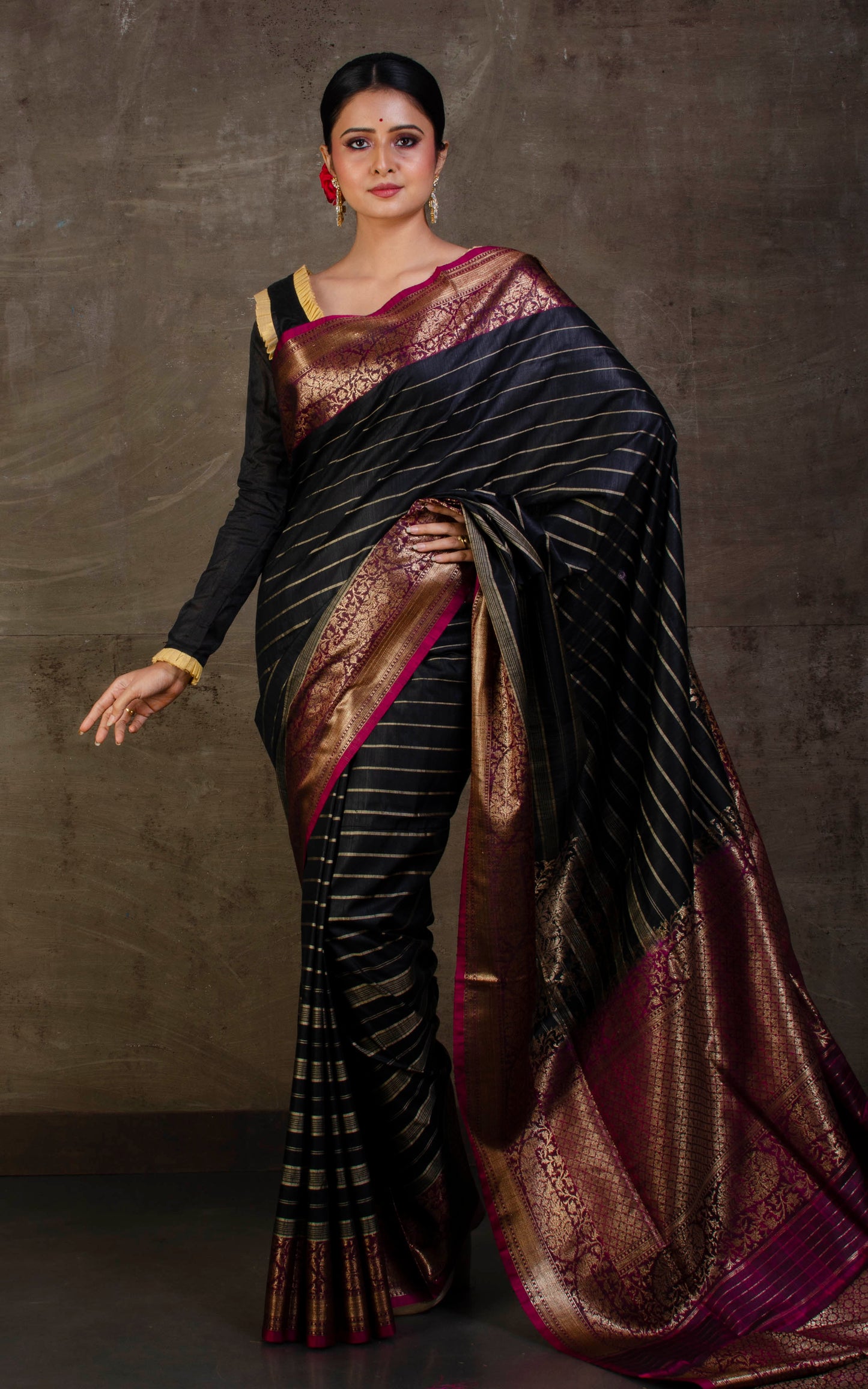 Woven Koniya Nakshi Motif Work Tussar Banarasi Saree in Black, Beige, Magenta and Antique Gold Zari