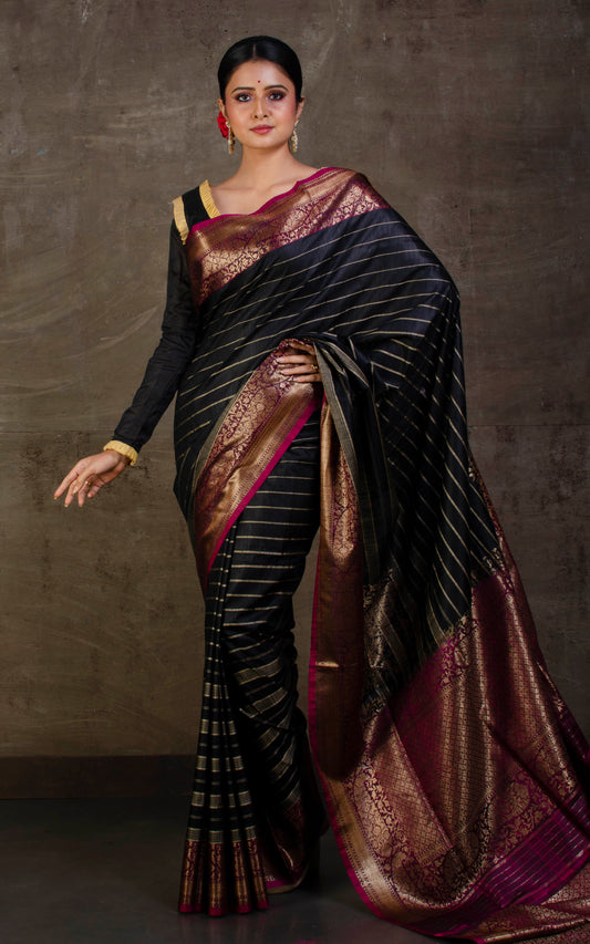 Woven Koniya Nakshi Motif Work Tussar Banarasi Saree in Black, Beige, Magenta and Antique Gold Zari