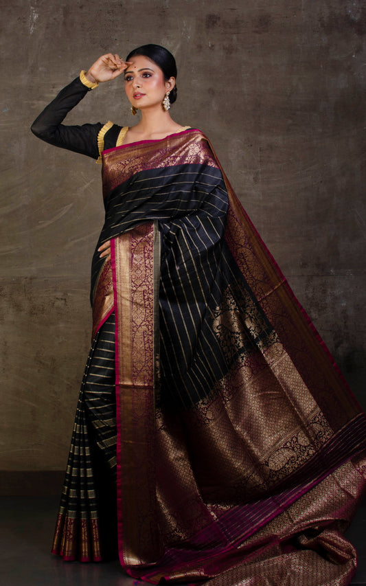Woven Koniya Nakshi Motif Work Tussar Banarasi Saree in Black, Beige, Magenta and Antique Gold Zari