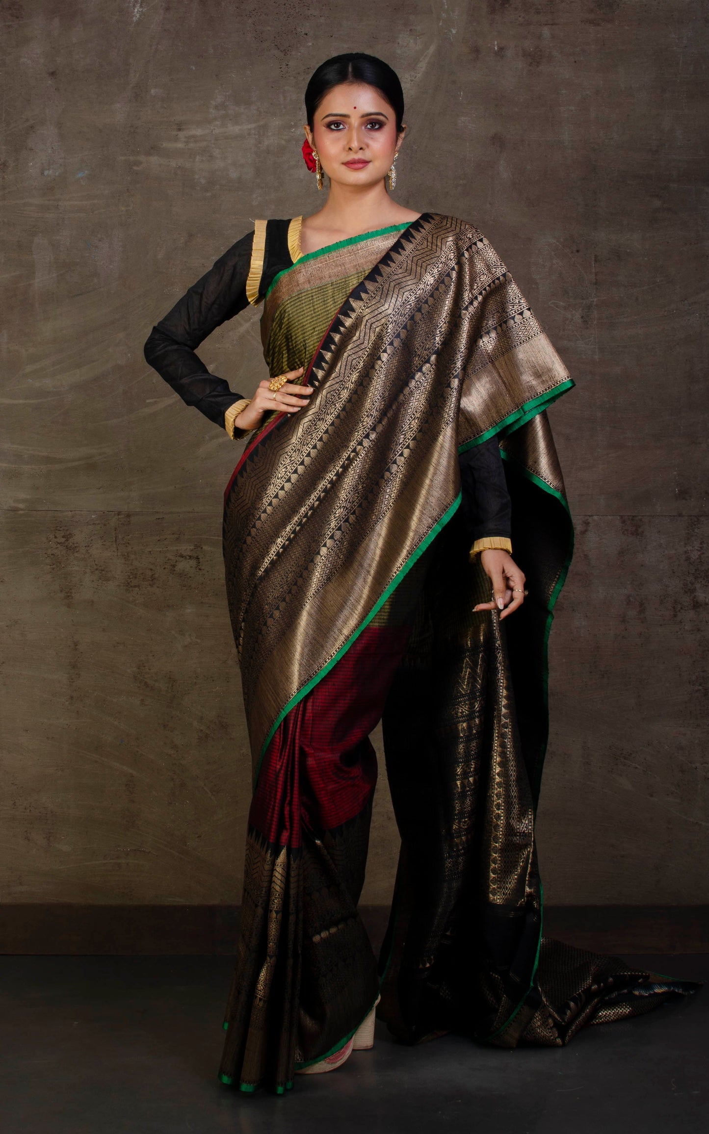 Woven Mahapar Nakshi Motif Work Tussar Banarasi Saree in Olive Green, Maroon, Black and Antique Gold Zari