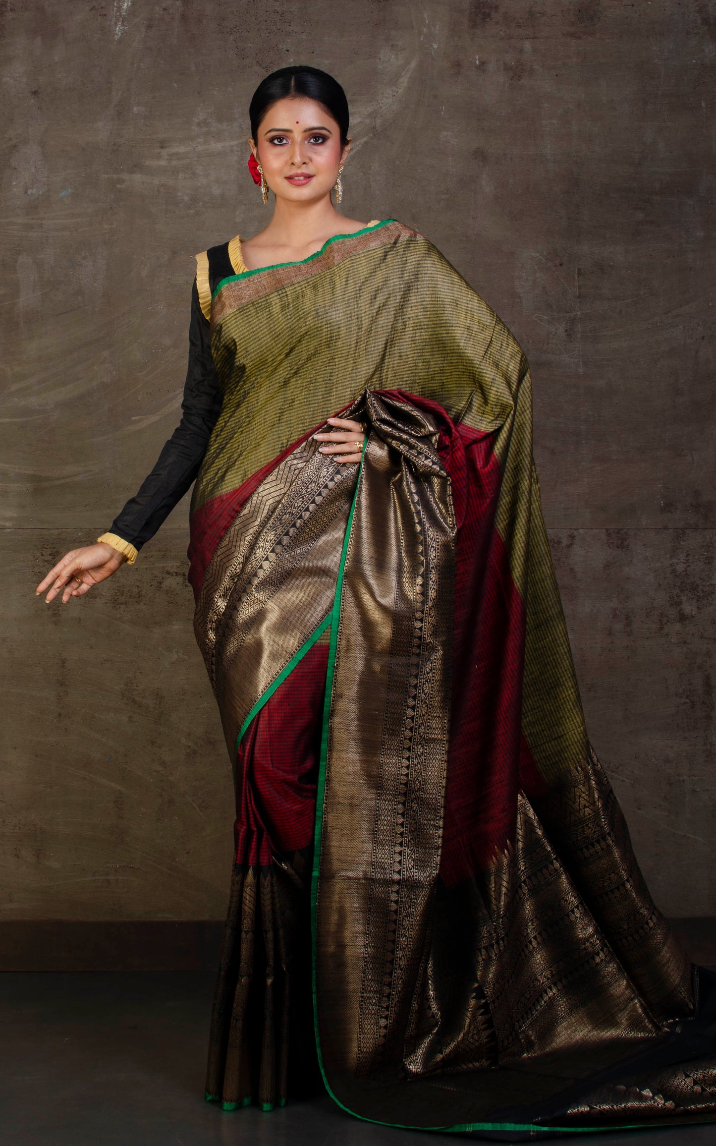 Woven Mahapar Nakshi Motif Work Tussar Banarasi Saree in Olive Green, Maroon, Black and Antique Gold Zari