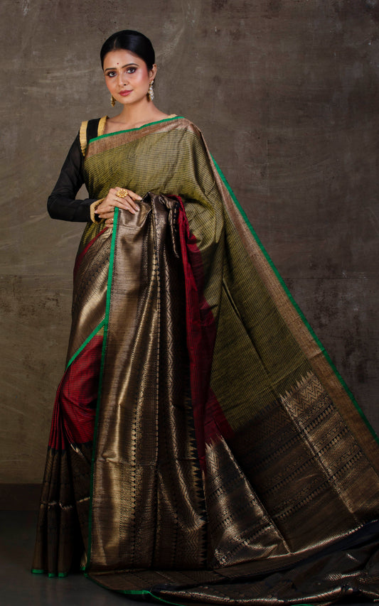 Woven Mahapar Nakshi Motif Work Tussar Banarasi Saree in Olive Green, Maroon, Black and Antique Gold Zari