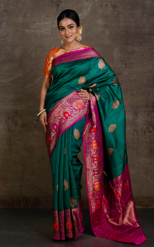 Tilfi Minakari Work Tussar Banarasi Saree in Peacock Green and Purple