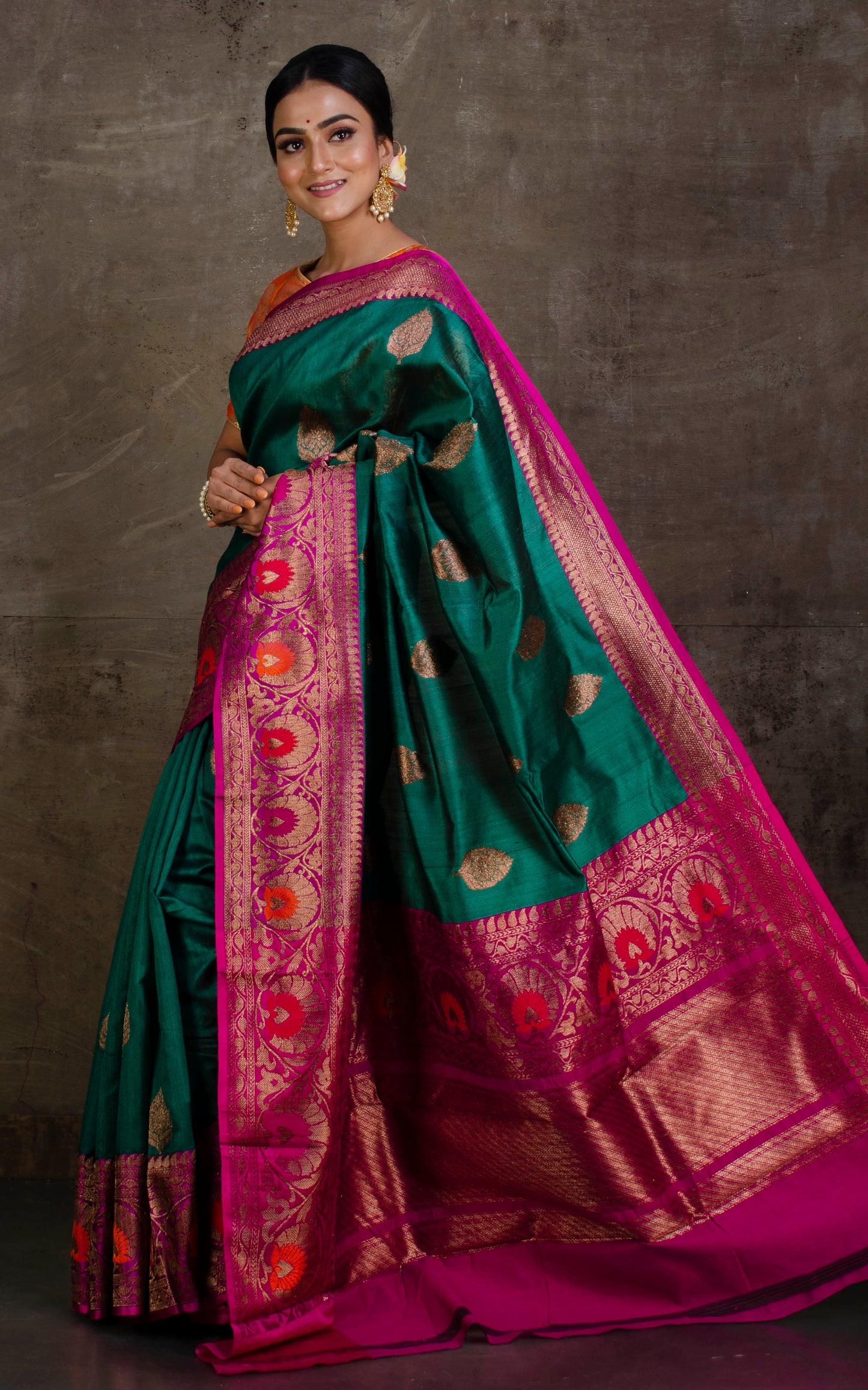 Tilfi Minakari Work Tussar Banarasi Saree in Peacock Green and Purple