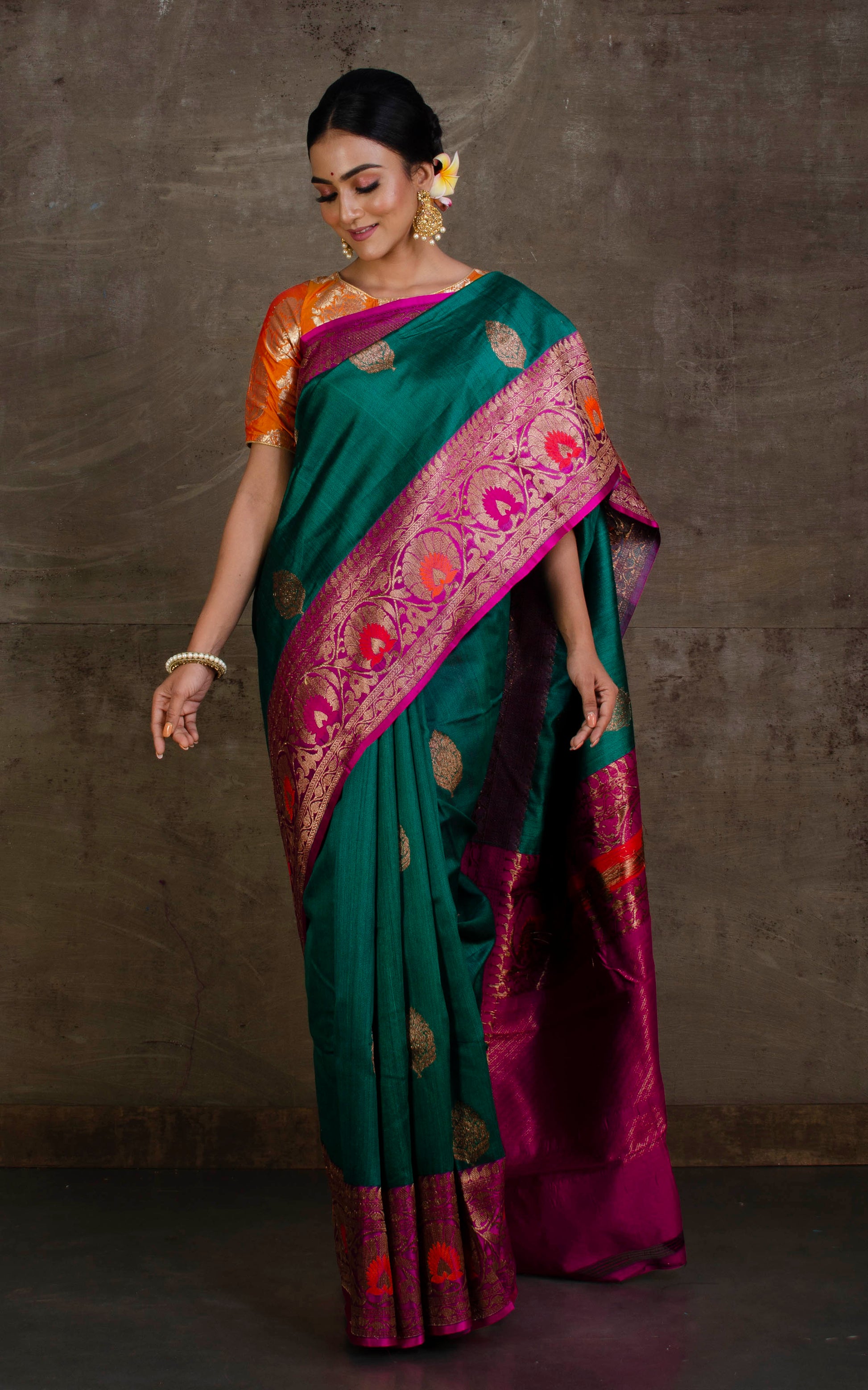 Tilfi Minakari Work Tussar Banarasi Saree in Peacock Green and Purple