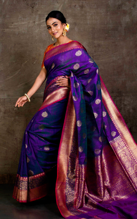 Meenakari Border Dupion Tussar Banarasi Saree in Indigo Blue and Magenta