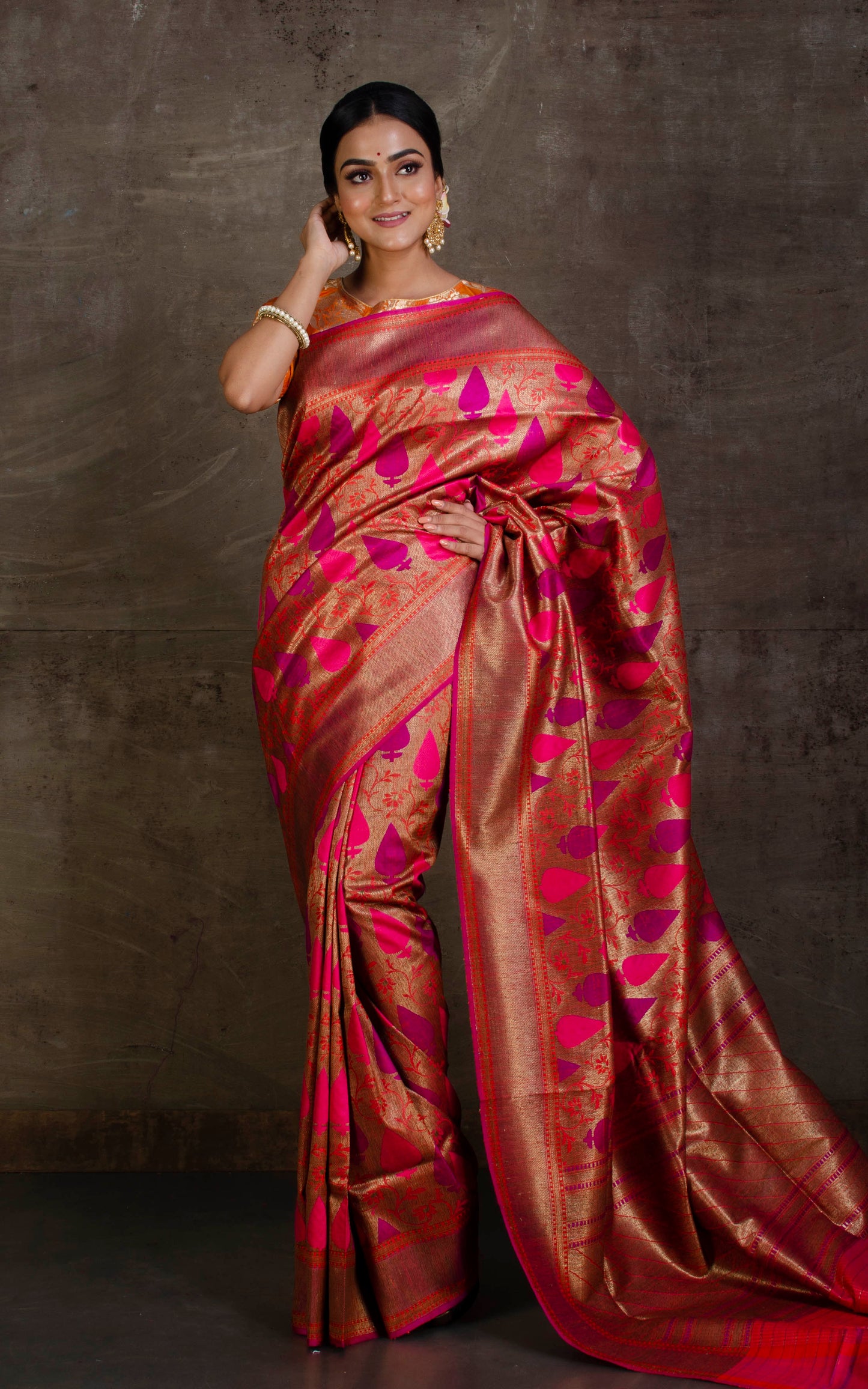Premium Quality Tussar Silk Tanchui Brocade Work Jamdani Saree in Orange, Antique Gold, Hot Pink and Purple
