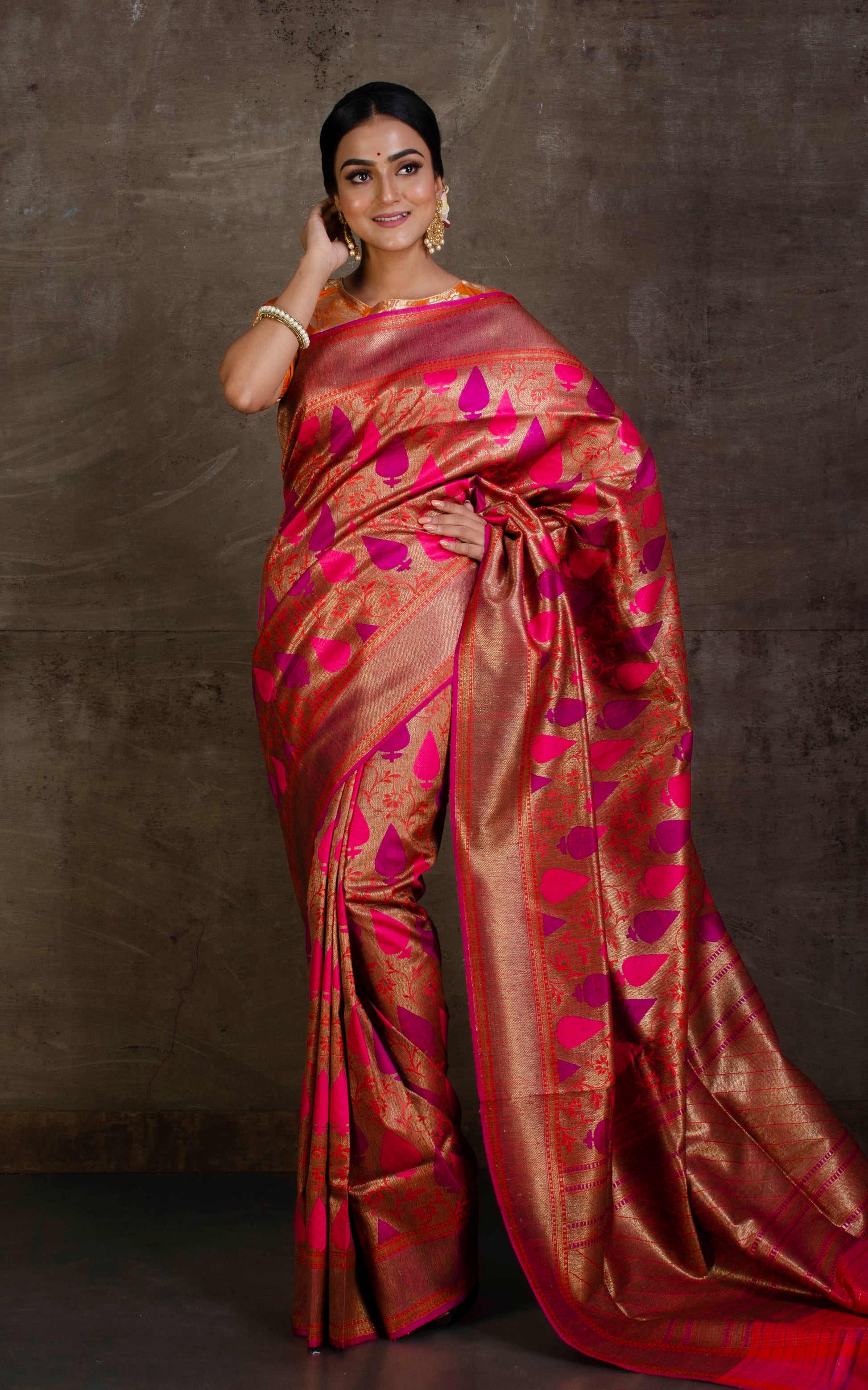 Premium Quality Tussar Silk Tanchui Brocade Work Jamdani Saree in Orange, Antique Gold, Hot Pink and Purple