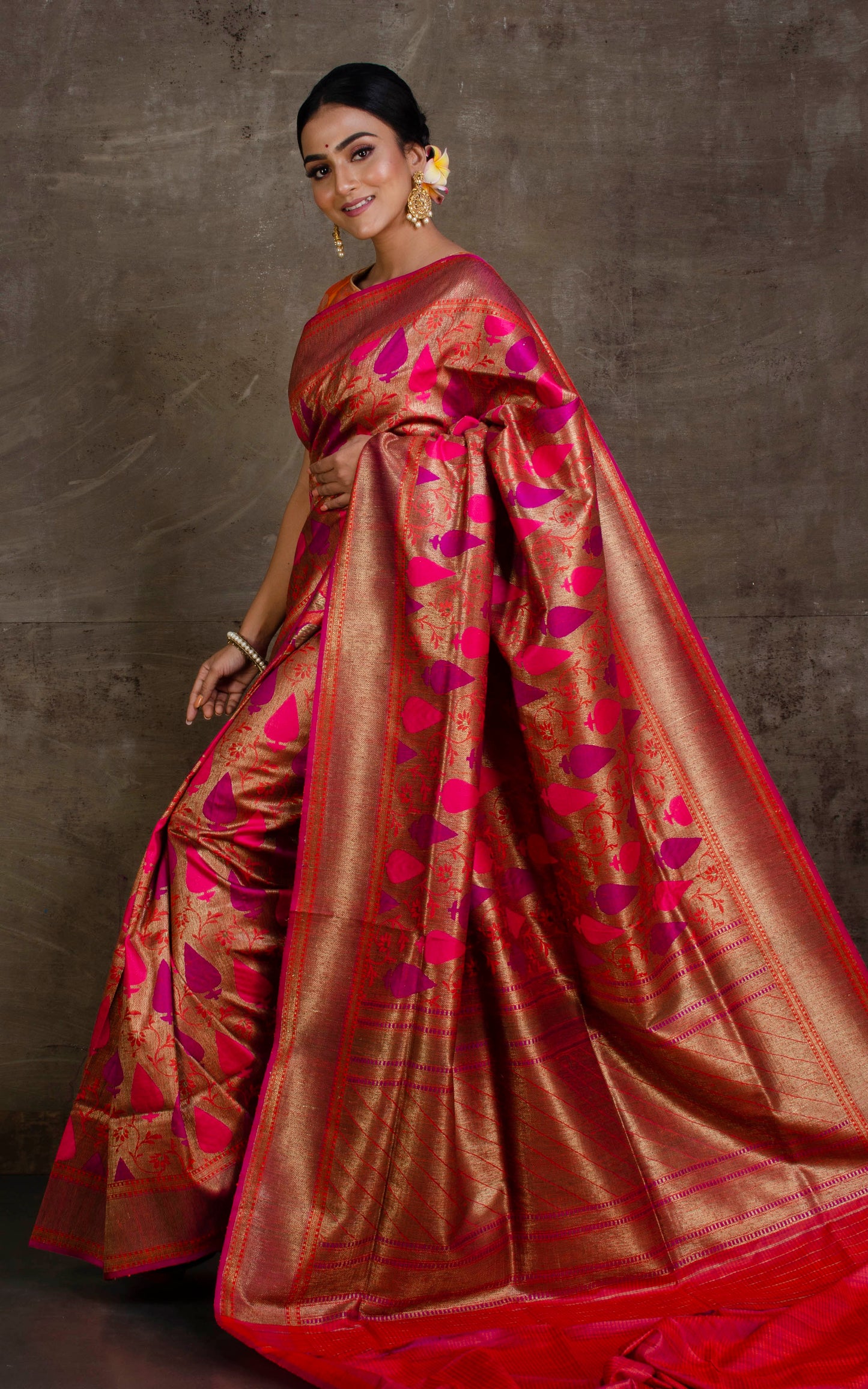 Premium Quality Tussar Silk Tanchui Brocade Work Jamdani Saree in Orange, Antique Gold, Hot Pink and Purple