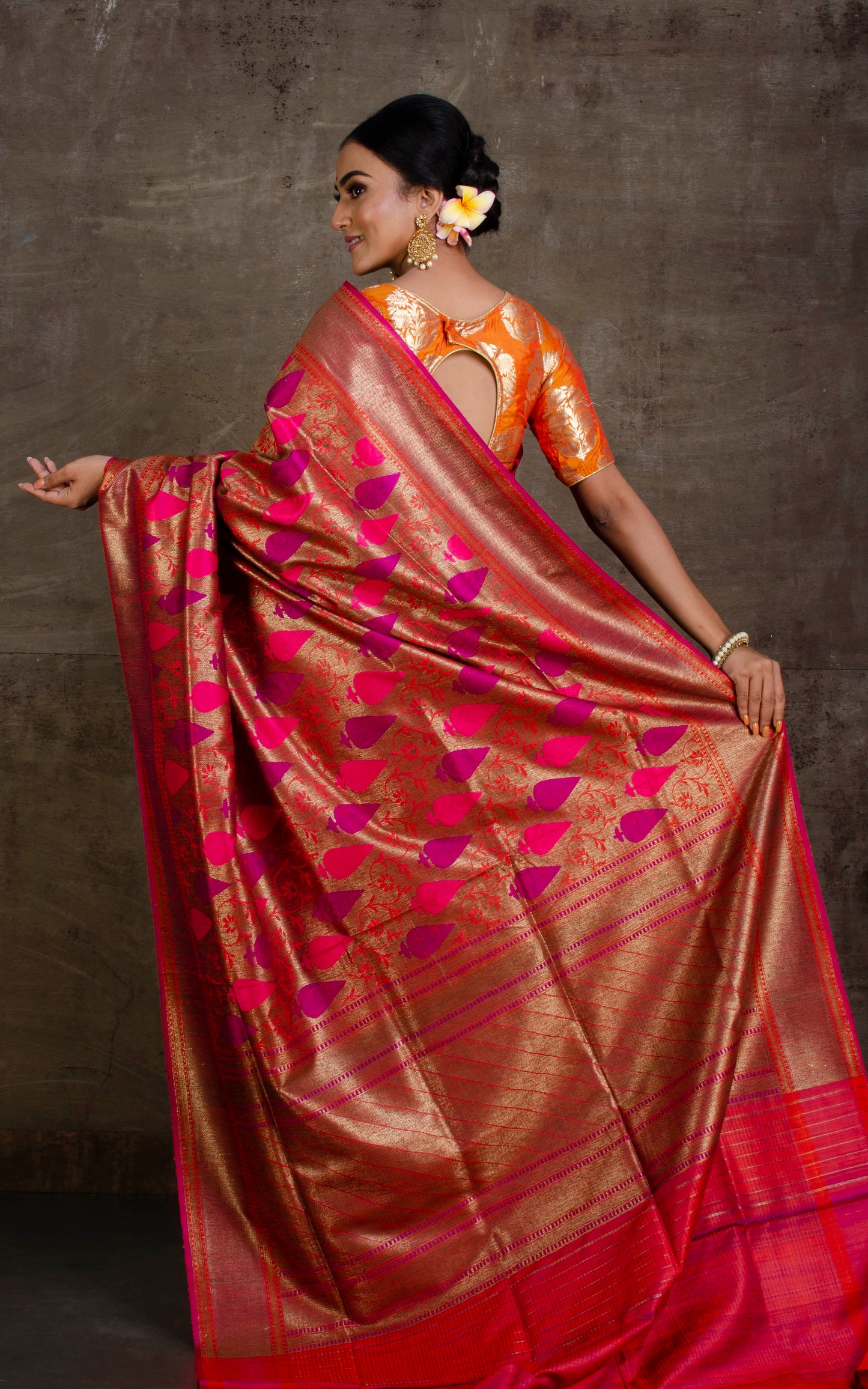 Premium Quality Tussar Silk Tanchui Brocade Work Jamdani Saree in Orange, Antique Gold, Hot Pink and Purple