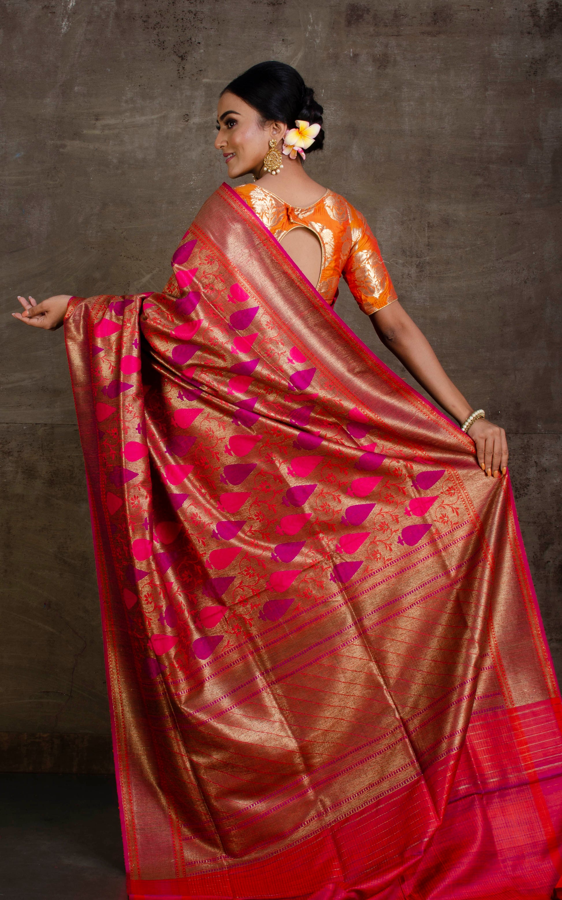 Premium Quality Tussar Silk Tanchui Brocade Work Jamdani Saree in Orange, Antique Gold, Hot Pink and Purple