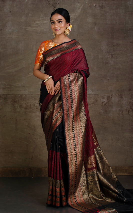 Woven Koniya Nakshi Motif Work Tussar Banarasi Saree in Maroon, Black and Antique Gold Zari