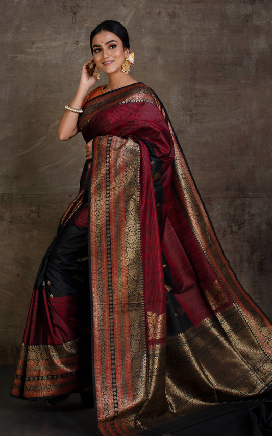 Woven Koniya Nakshi Motif Work Tussar Banarasi Saree in Maroon, Black and Antique Gold Zari