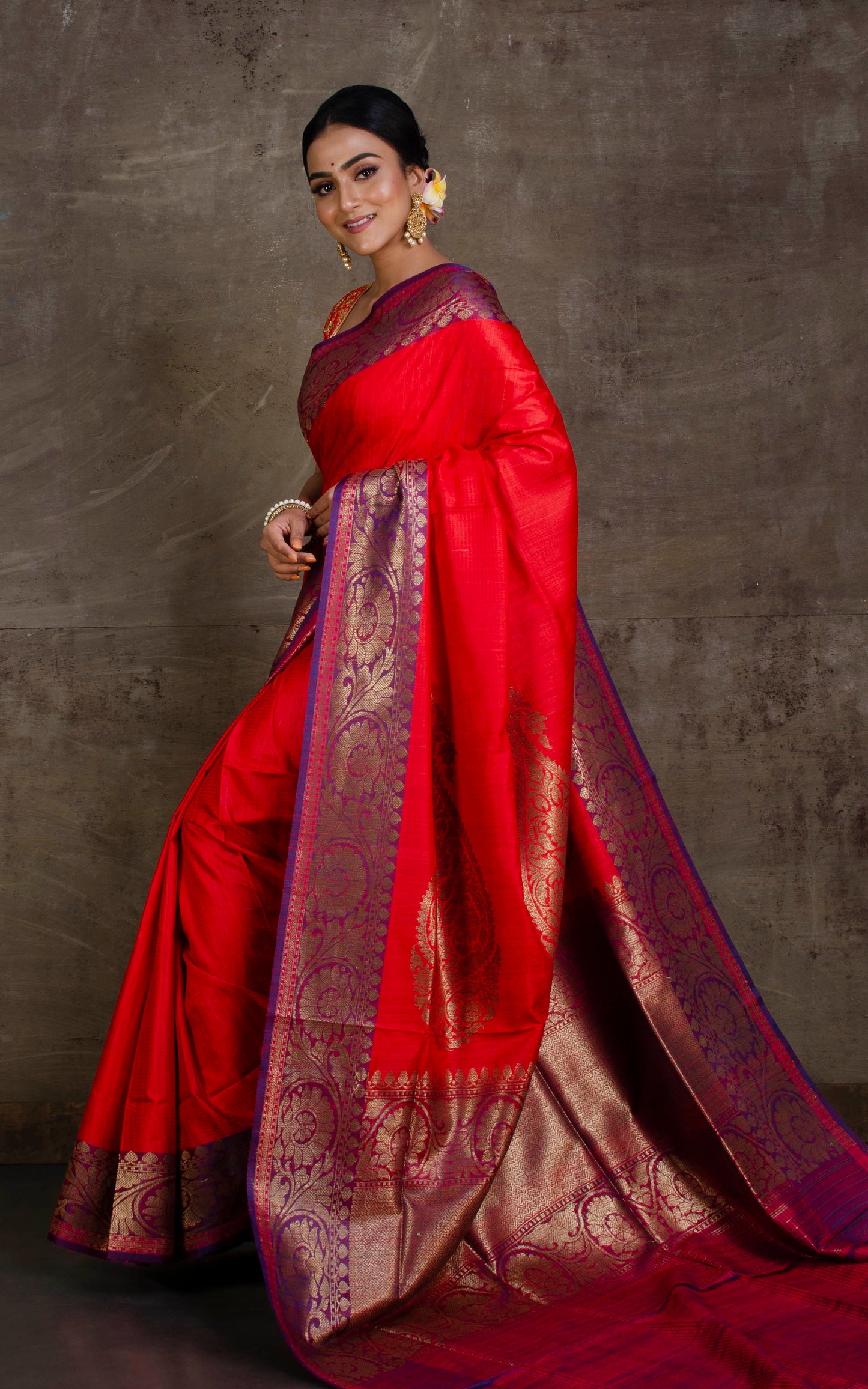 Designer Tussar Banarasi in Bright Red, Purplish Blue and Antique Gold