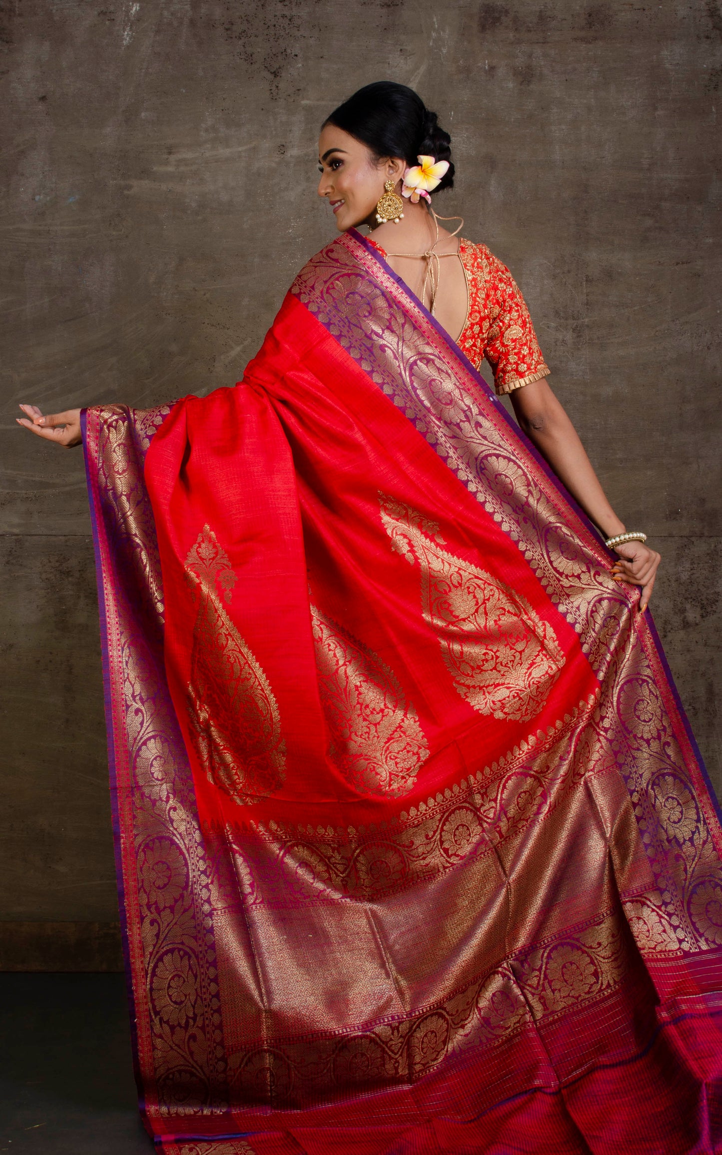 Designer Tussar Banarasi in Bright Red, Purplish Blue and Antique Gold