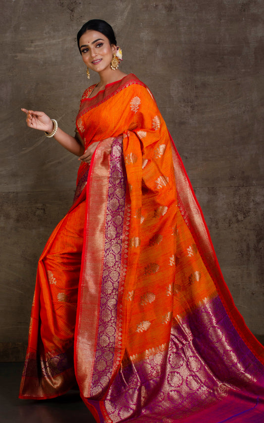 Meenakari Border Dupion Tussar Banarasi Saree in Fire Orange, Purple and Red