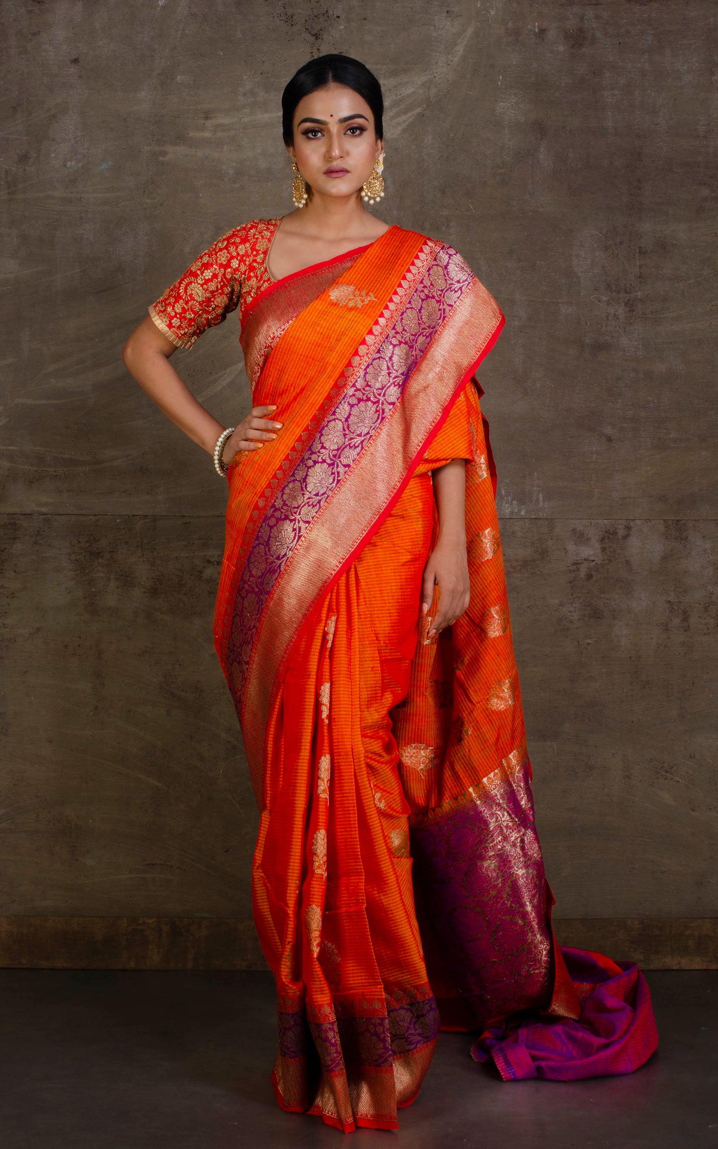 Meenakari Border Dupion Tussar Banarasi Saree in Fire Orange, Purple and Red