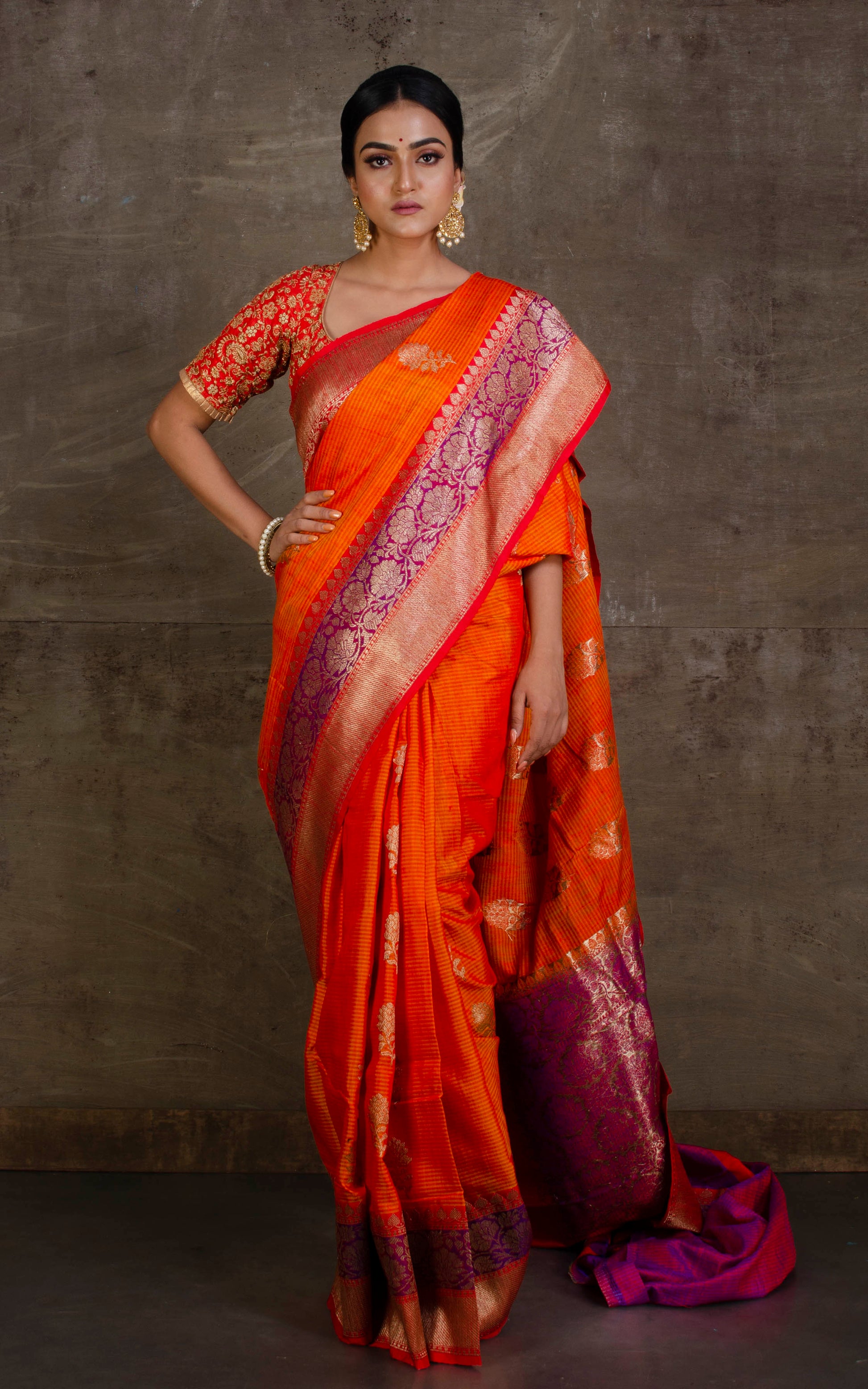 Meenakari Border Dupion Tussar Banarasi Saree in Fire Orange, Purple and Red