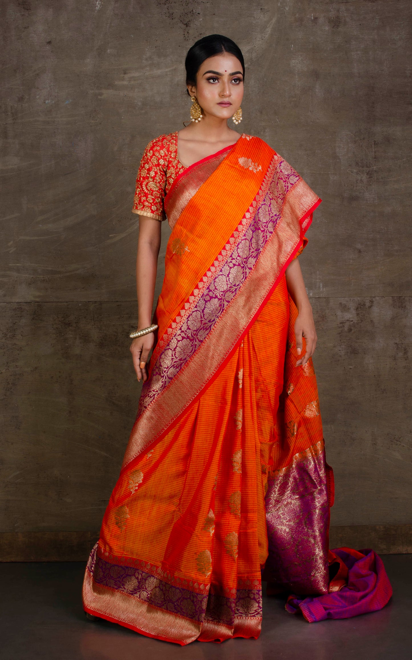 Meenakari Border Dupion Tussar Banarasi Saree in Fire Orange, Purple and Red