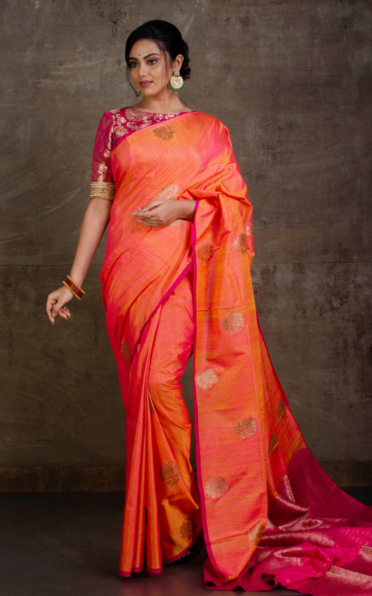 Tussar Banarasi Designer Poth Saree in Peach, Hot Pink and Antique Gold