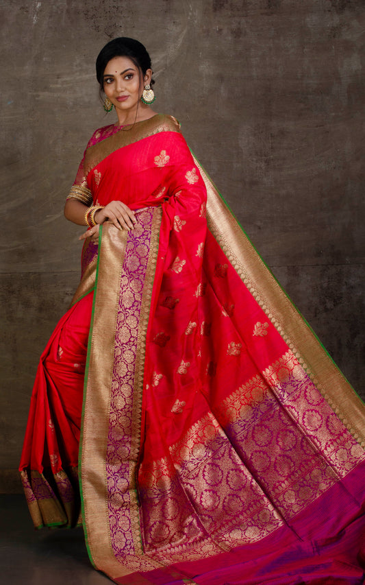 Meenakari Border Dupion Tussar Banarasi Saree in Bright Red, Purple and Forest Green