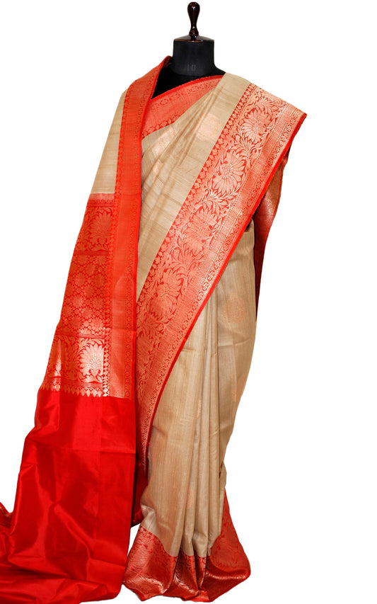 Premium Tussar Banarasi Silk Saree in Natural Tussar and Royal Red