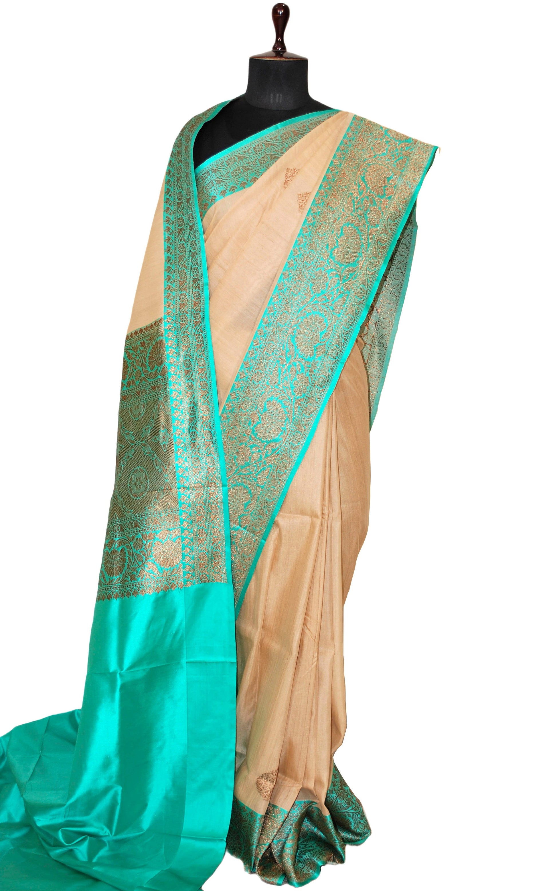 Premium Tussar Banarasi Silk Saree in Beige and Bright Turquoise