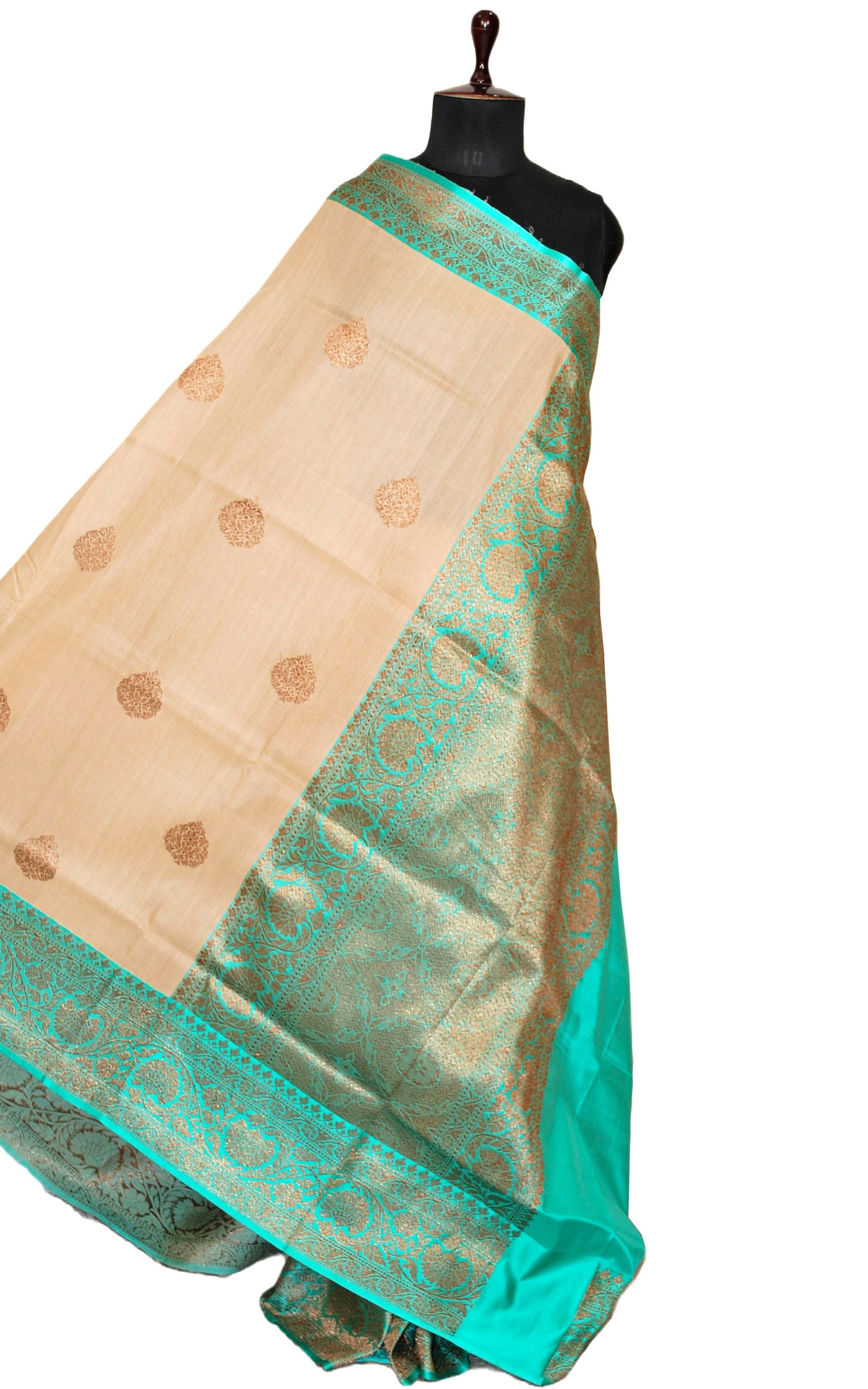Premium Tussar Banarasi Silk Saree in Beige and Bright Turquoise