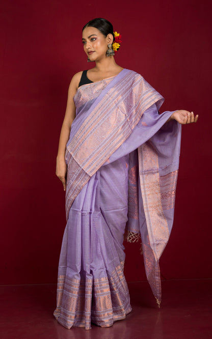 Handwoven Tussar Cotton Silk Banarasi Katan Saree in Lavender and Copper