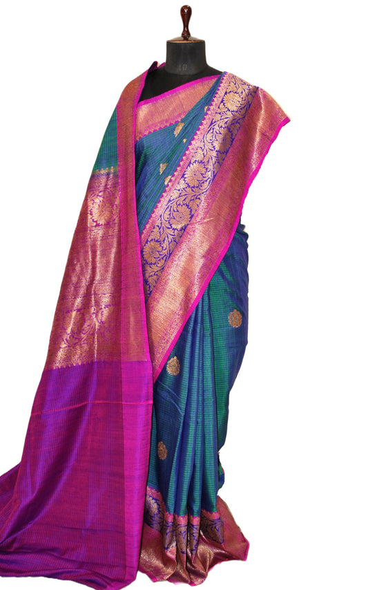 Meenakari Border Dupion Tussar Banarasi Saree in Peacock Blue, Green and Purple