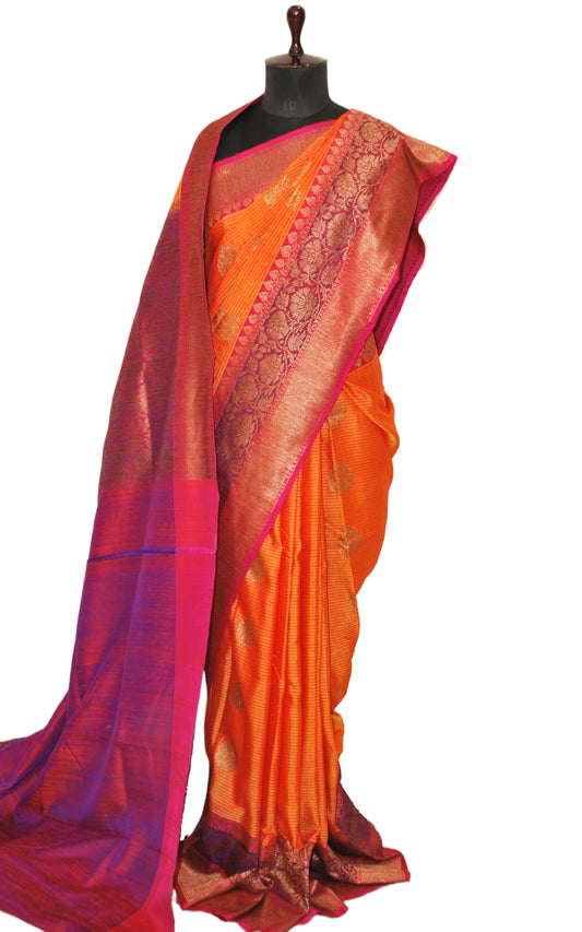 Meenakari Border Dupion Tussar Banarasi Saree in Orange, Hot Pink and Purple
