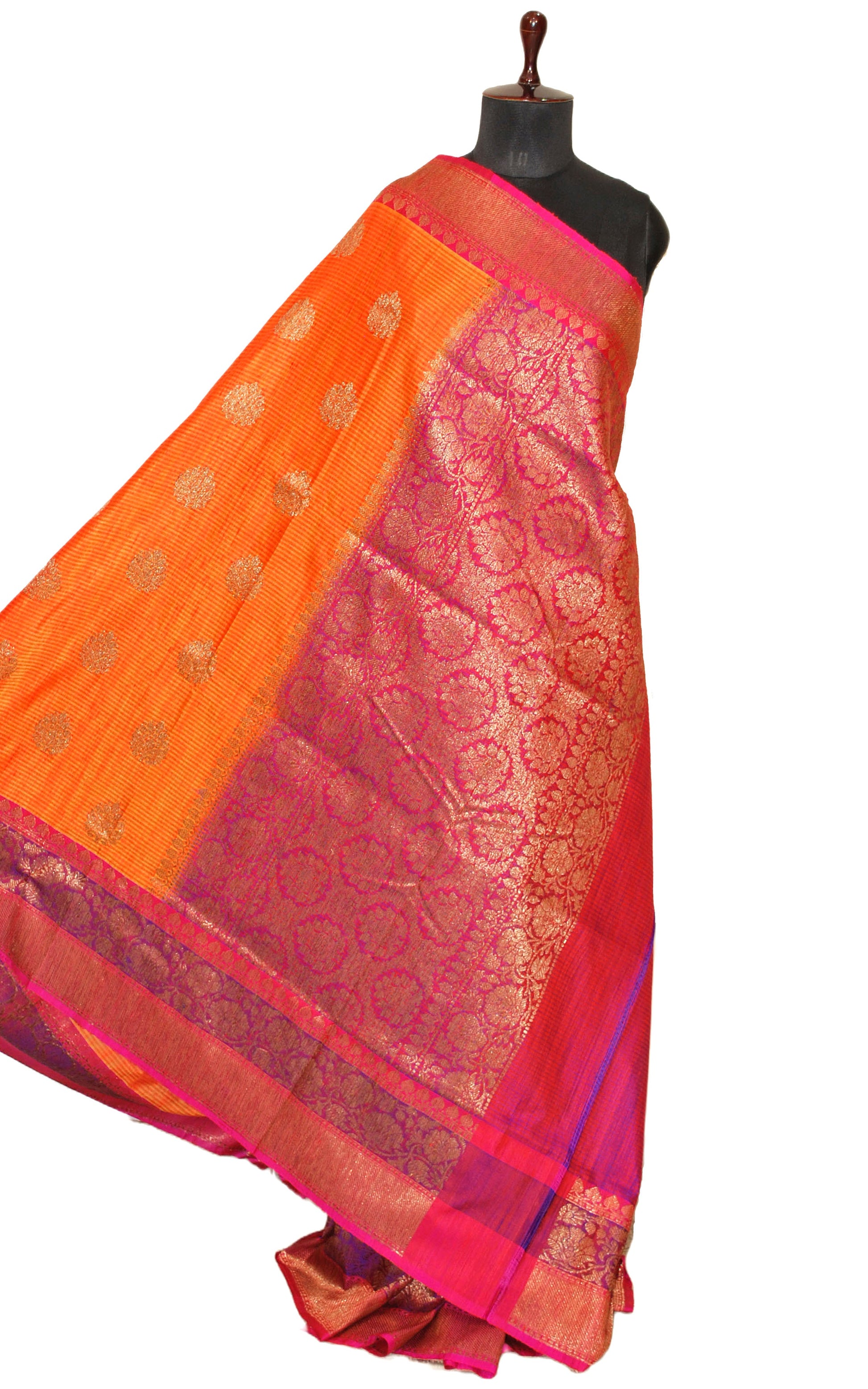Meenakari Border Dupion Tussar Banarasi Saree in Orange, Hot Pink and Purple