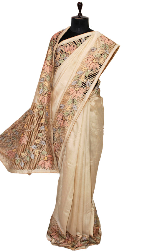 Embroidery and Cut Work on Semi Tussar Silk Saree in Beige and Multicolored