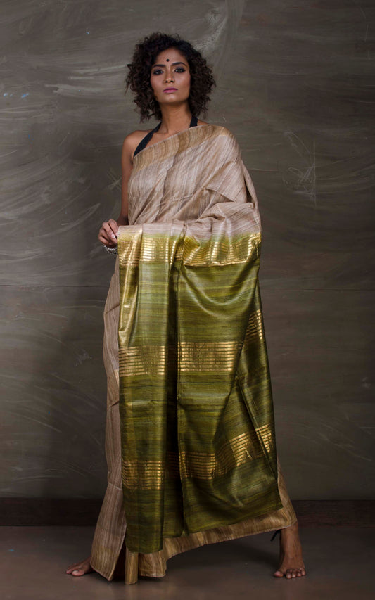Pure Handloom Gicha Tussar Saree in Natural Colour and Moss Green
