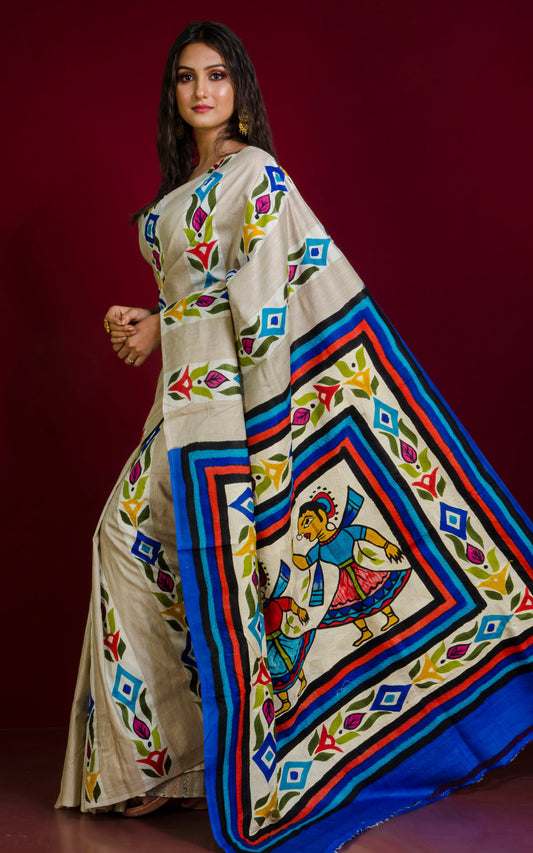 Hand Painted and Hand Embroidery Tussar Silk Kantha Work Saree in Beige, Off White and Multicolored