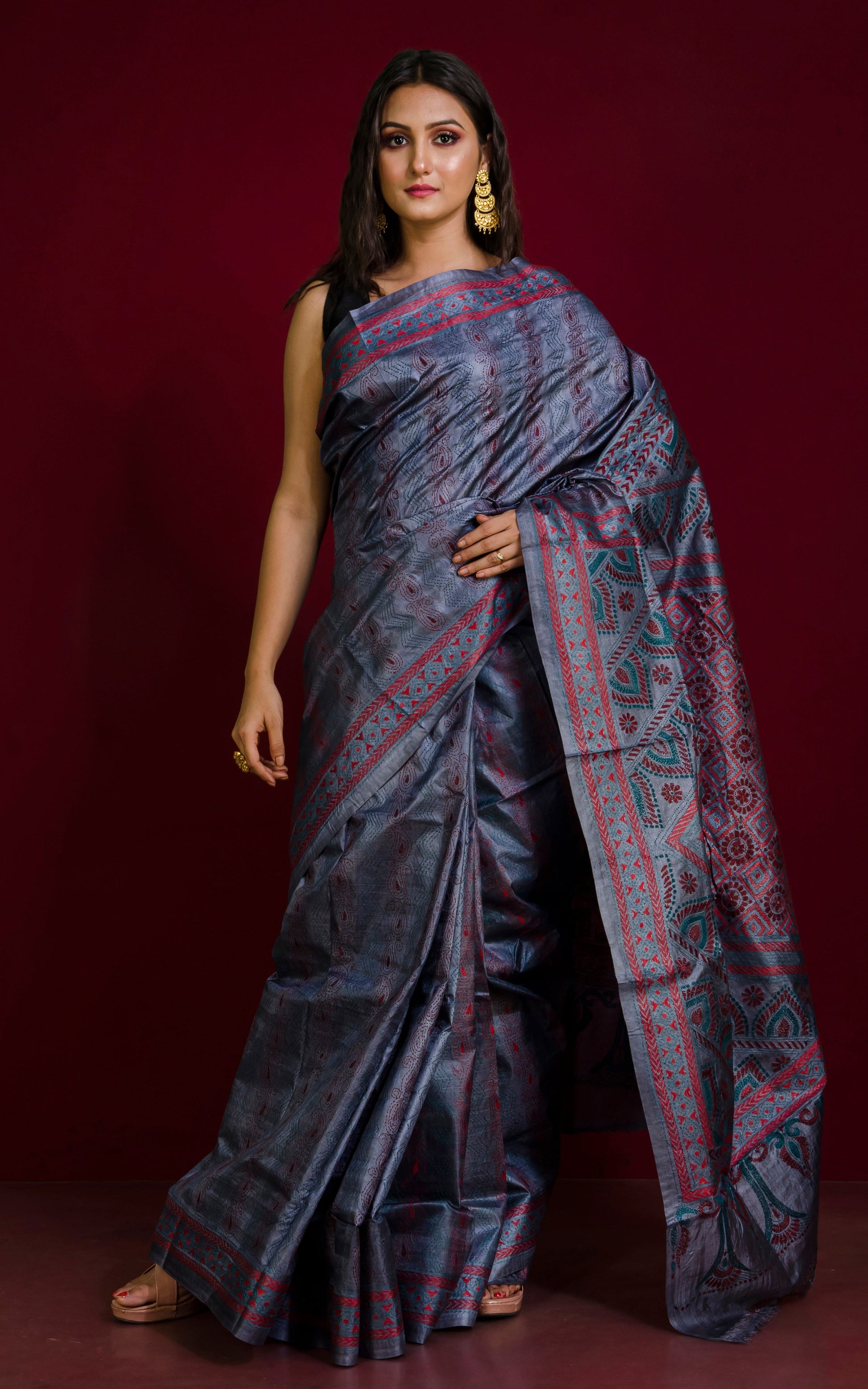 Hand Embroidery Tussar Silk Kantha Work Saree in Metallic Grey, Maroon and Dark Red