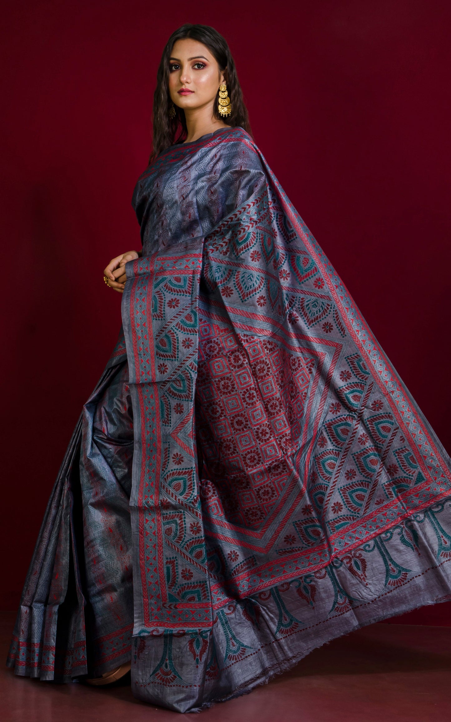 Hand Embroidery Tussar Silk Kantha Work Saree in Metallic Grey, Maroon and Dark Red