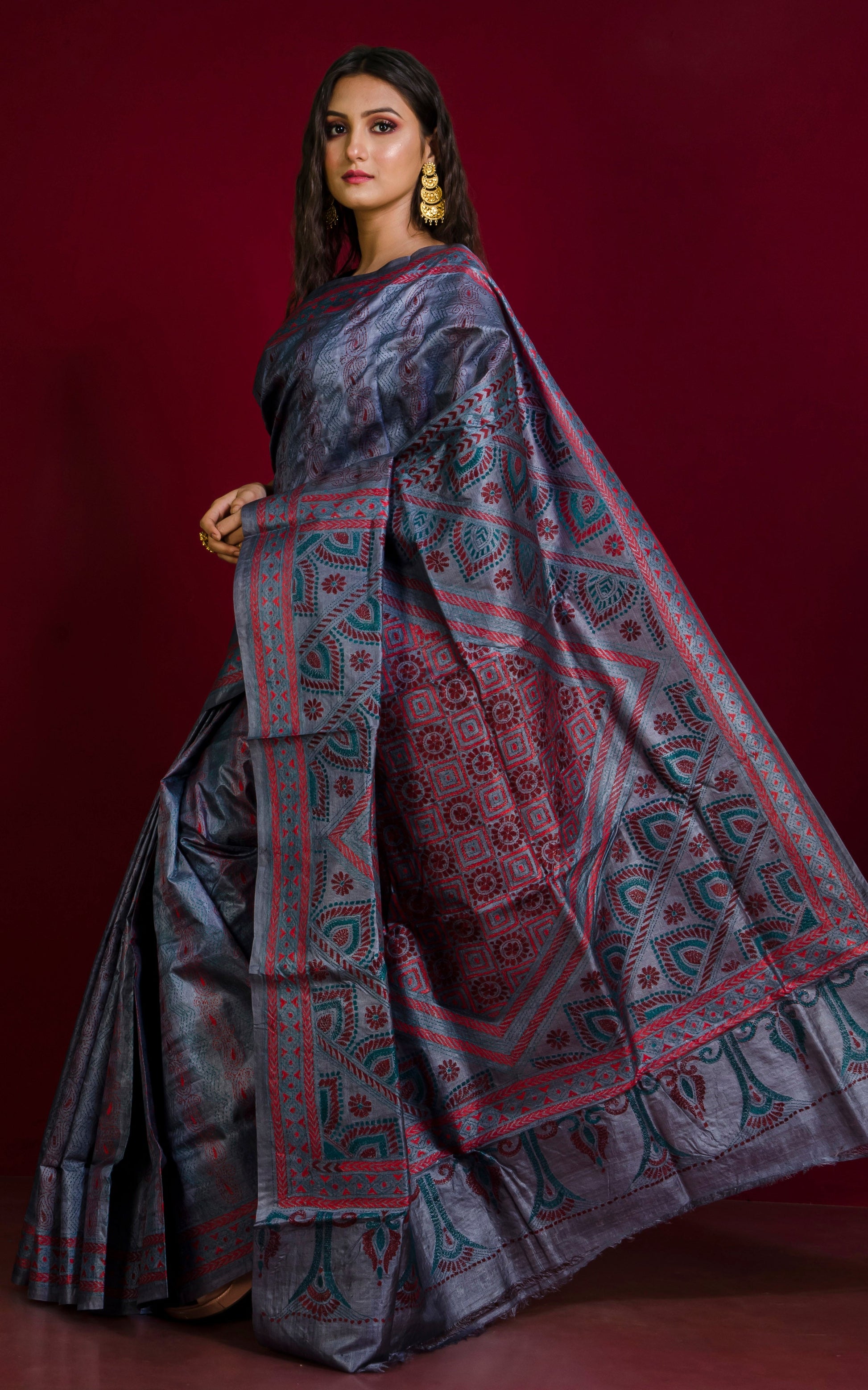 Hand Embroidery Tussar Silk Kantha Work Saree in Metallic Grey, Maroon and Dark Red