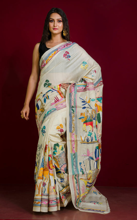 Hand Embroidery Tussar Silk Kantha Work Saree in Off White and Multicolored Thread Work