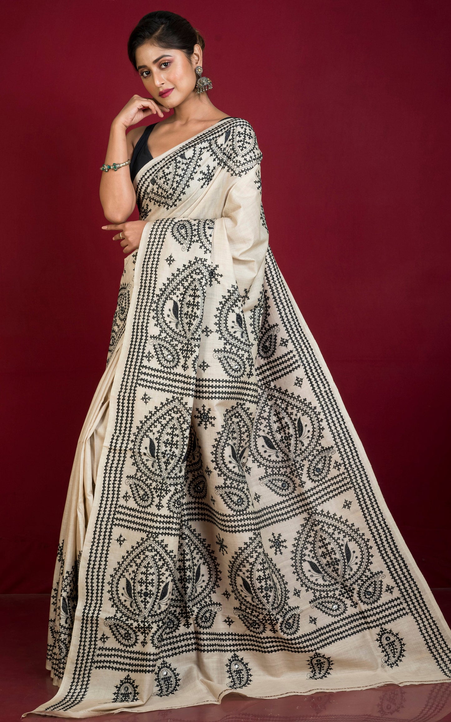 Premium Quality Hand Embroidery Gujarati Work on Pure Gachi Tussar Saree in Beige and Black