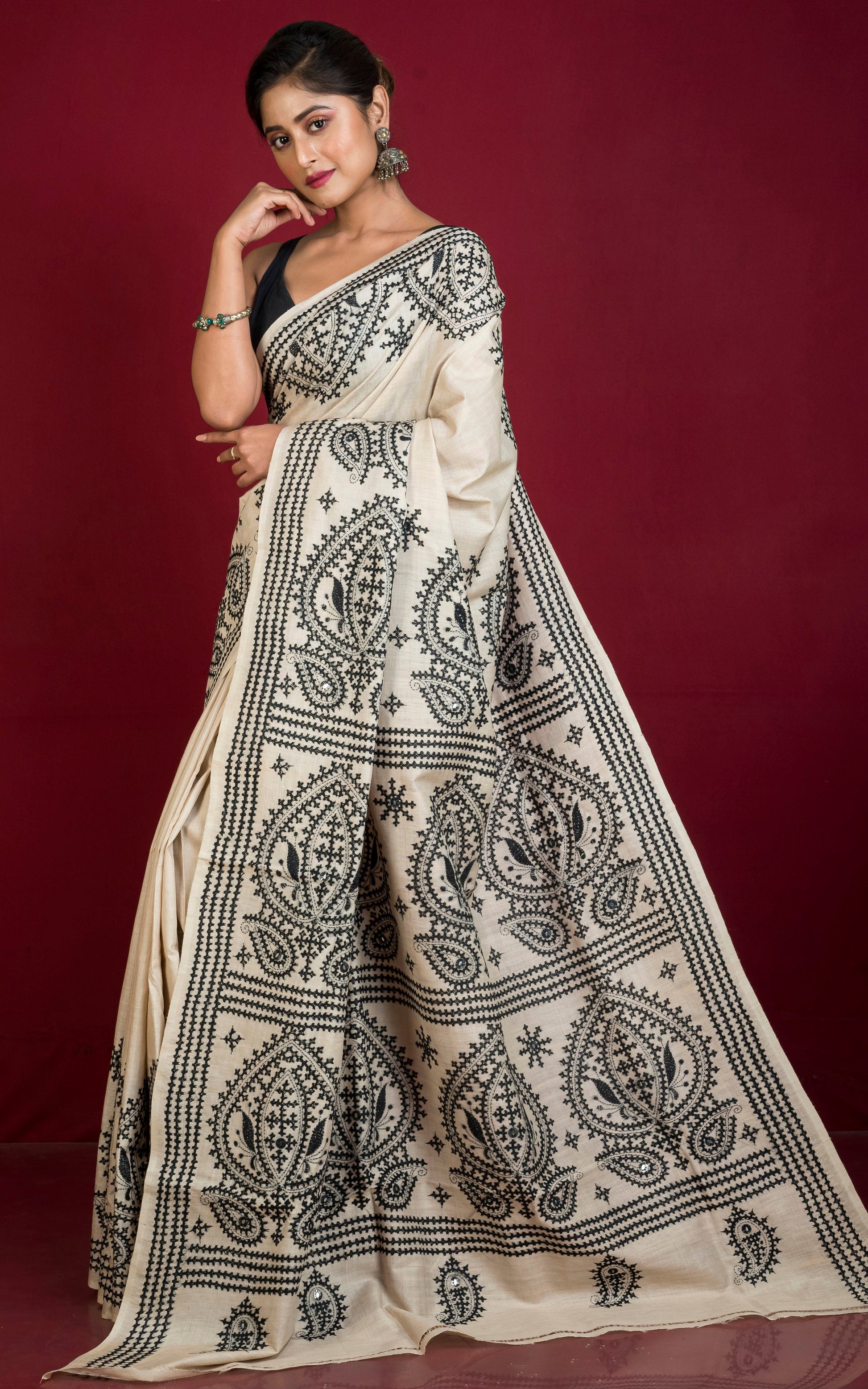 Premium Quality Hand Embroidery Gujarati Work on Pure Gachi Tussar Saree in Beige and Black