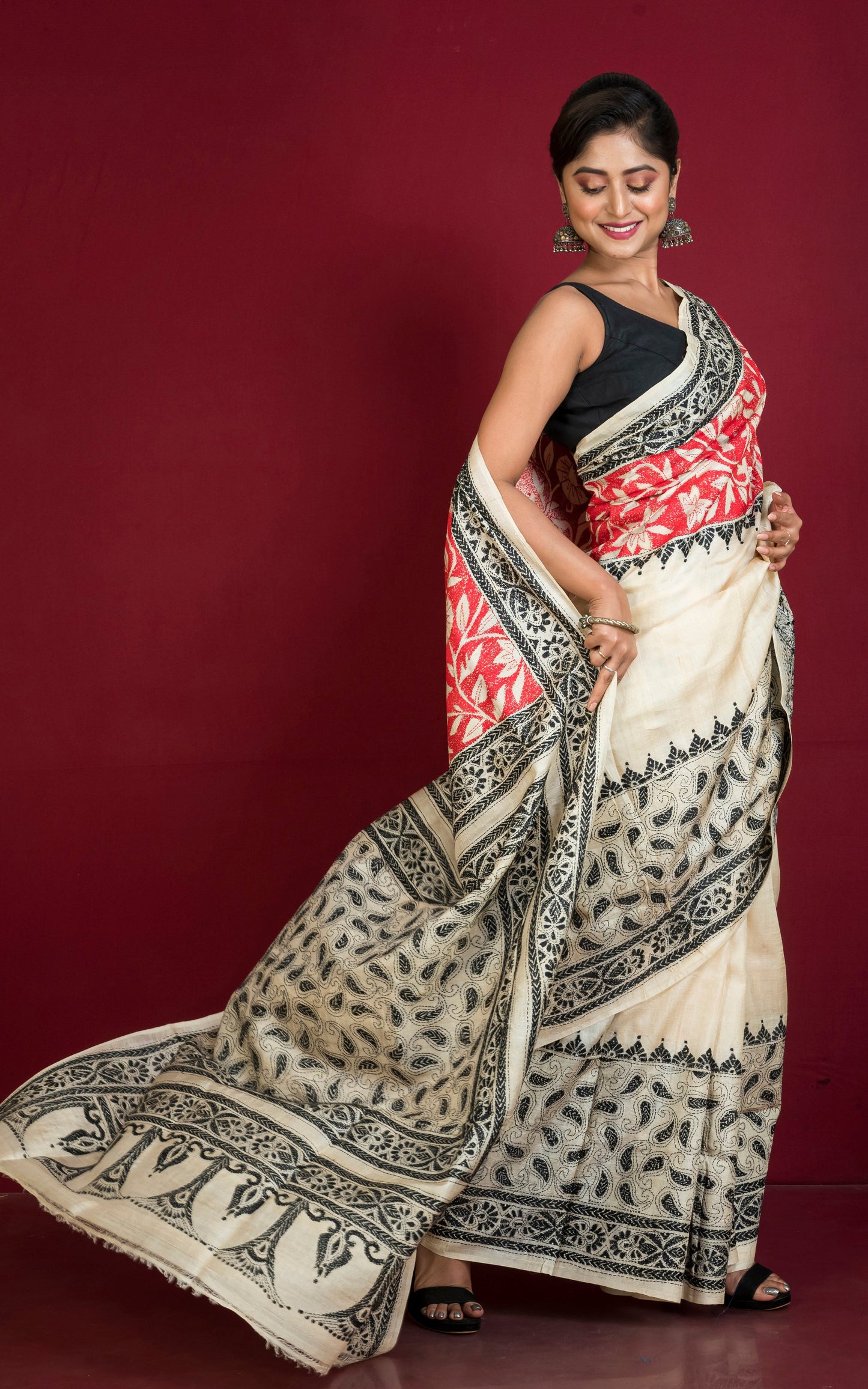 Hand Embroidery Tussar Silk Kantha Work Saree in Beige with Red and Black Thread Nakshi Work