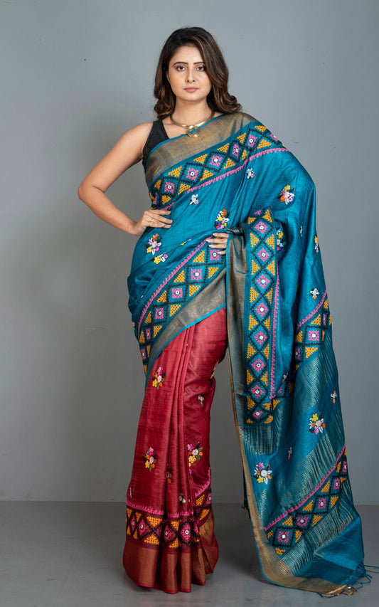 Hand Embroidery Kutch Work with French Knot Tussar Silk Saree in Blue, Dark Red and Multicolored